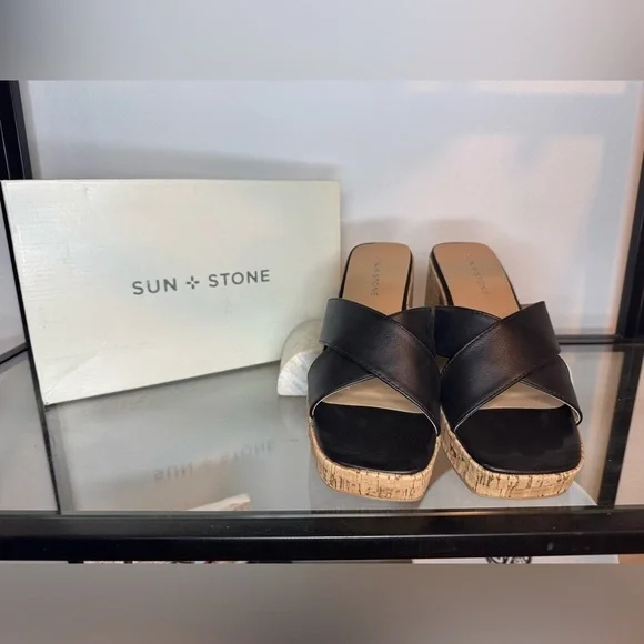 NIB Sun + Stone Womens Giigi Faux Leather Slide Block Heels Black Size 7.5 - Picture 4 of 9